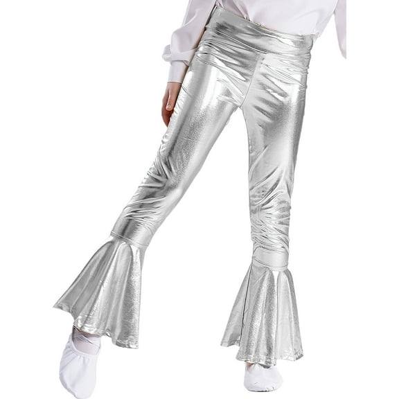 Xnihocha Kids Girls Boys Dance Trousers Pants Shiny Metallic Flared Pants Ruffle Bell Bottom Streetwear Silver 8