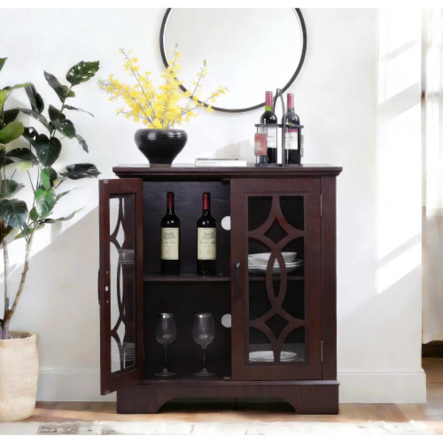 34.37" Modern Glass Door Sideboard Buffet Cabinet, MDF Storage Credenza with Adjustable Shelf, Tempered Glass Display Cabinet for Dining Living Room Kitchen, Ox Blood Red