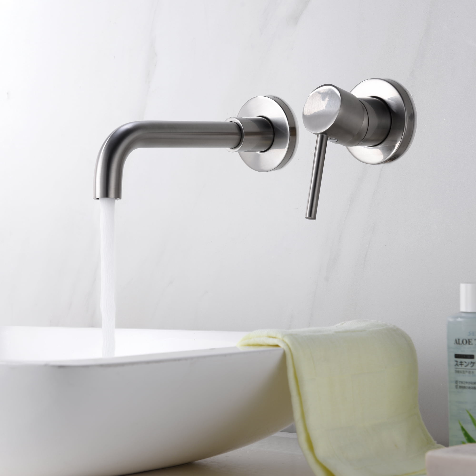 Sumerain Wall Mount Bathroom Sink Faucet Brushed Nickel,Single Handle Wall Mount Lavatory Faucet with Brass Rough-in Valve