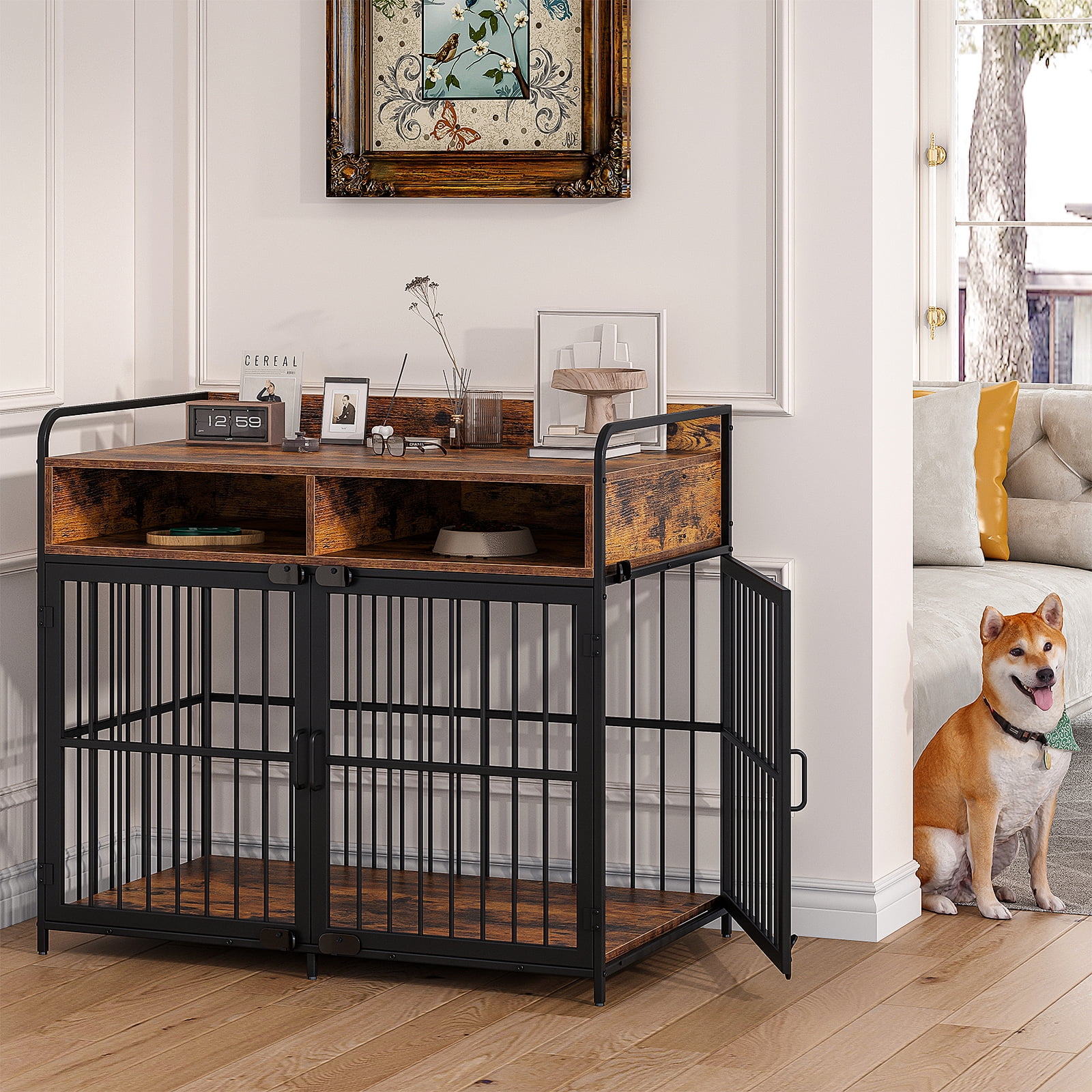 Large Furniture Dog Crate, Dog Kennel Indoor, Wood Dog Cage Table with Drawers Storage