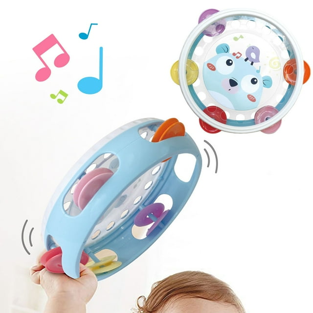 Blue Kids Hand Drum With Rattle Sound Early Education Musical Toy For Kids Safe Abs Material Lightweight Design Colorful Pattern Sensory Development Toy For Home Play Preschool Learning Bi