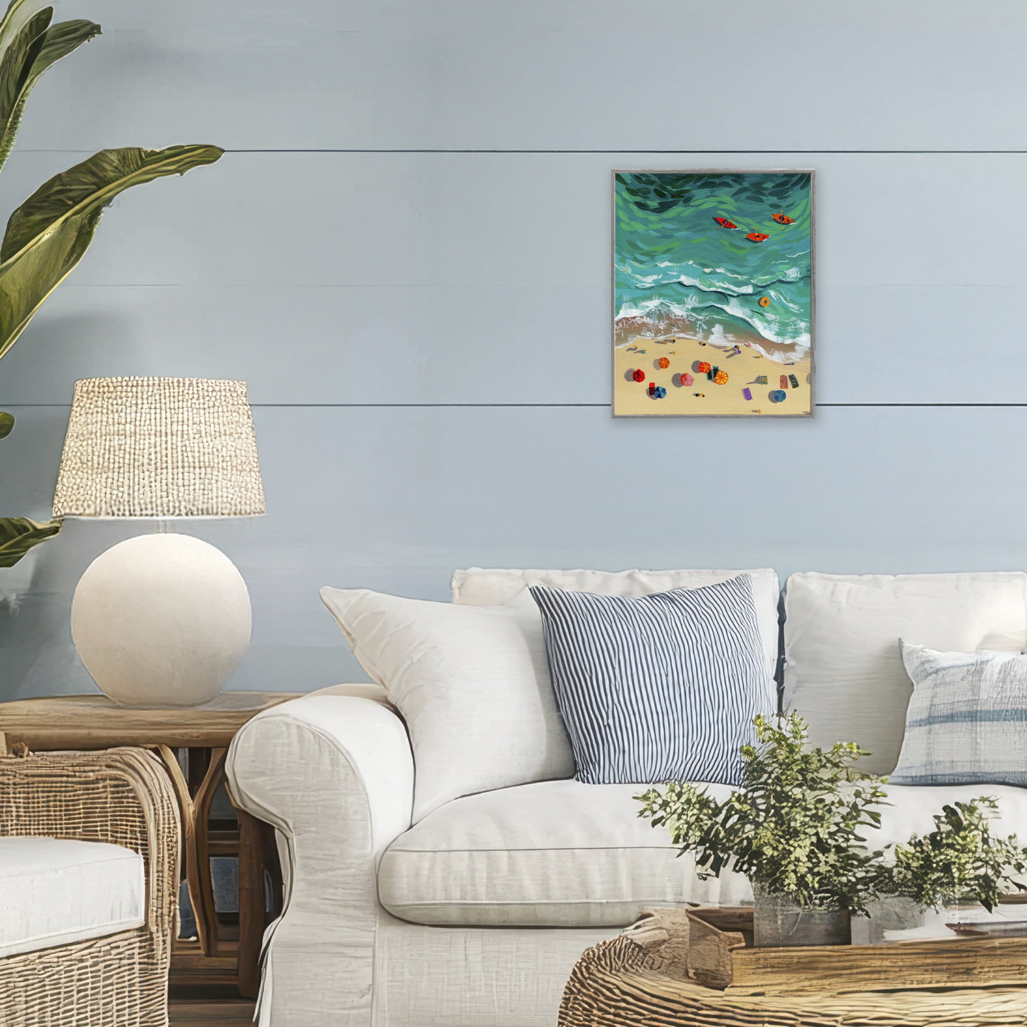 Stupell Industries Three Kayaks in Turquoise Waves Gray Framed Giclee Art, design by Brook Page