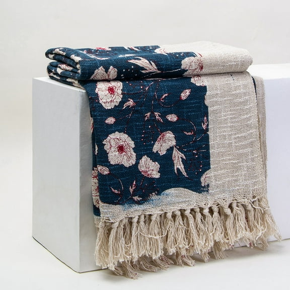 DMAASA Blue Hand Block Print Handloom Floral 50x70" Sofa Throw Blanket for Couch All Seasons