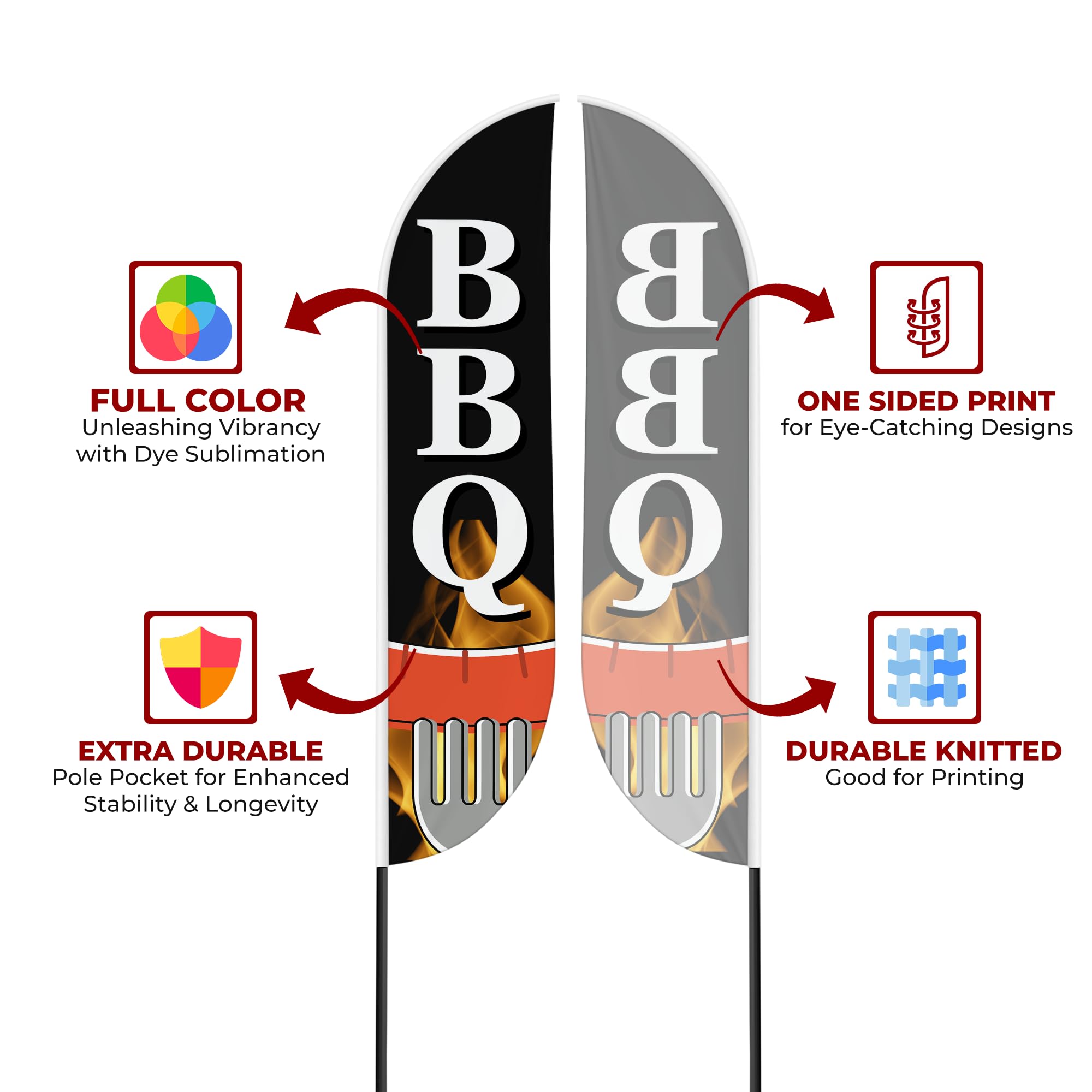 BBQ Sign feather flag Pole Mount for Outdoor by Mavis Print | 15 FEET Long Polyester Outdoor Banner Flag with Pole Kit for Easy Hang | HD Print Swooper Flag Pole Mount for Food Advertising