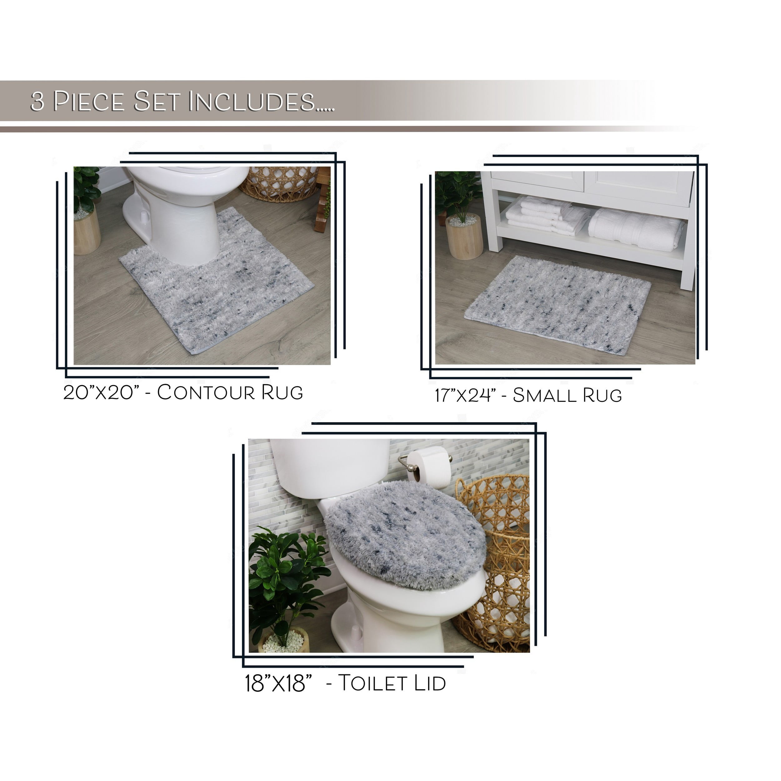 Home Weavers Essential 3-Piece Bathroom Rug Set, Plush Microfiber Bath Mat, U-Shaped Contour Rug and Toilet Lid Cover, Ultra Absorbent, Quick-Dry, Non-Slip Bathroom Mats, Machine Washable, Grey