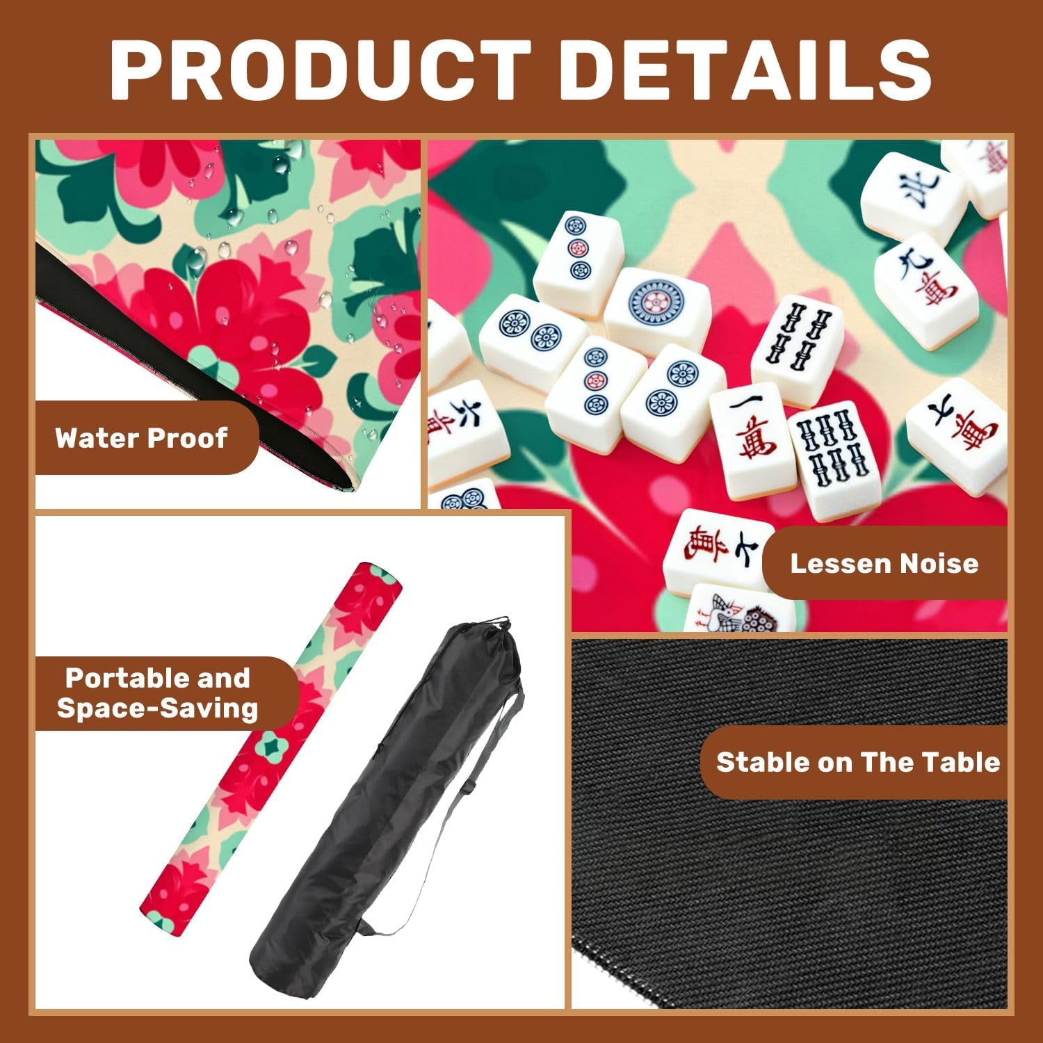 Mahjong Mat 31.5" x 31.5" Bold Floral Red Green Flowers Soft Beige Non-Slip Noise Reduction Mahjong Tiles Table Cover for Dominoes Poker Card Board and Tile Games