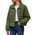 thumbnail image 7 of Women’s Lightweight Cropped Zipper Jacket Pleated Bomber Style with Tuck Detailing Pockets Fall Utility Anorak Short Casual Outerwear,Army Green,L, 7 of 7