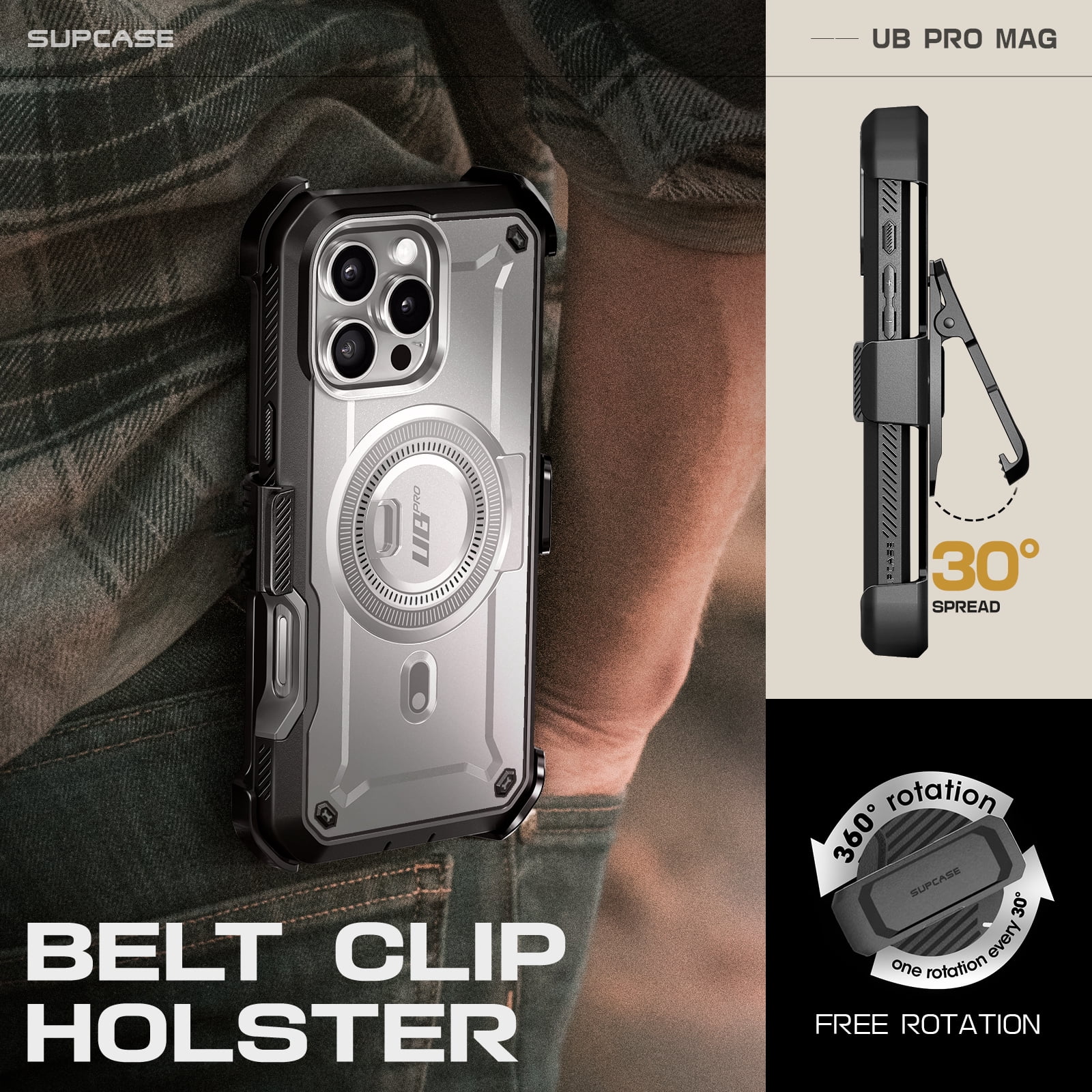SUPCASE UBPro Mag for iPhone 16 Pro Max Case with Stand, [Support MagSafe] [Built-in Screen Protector & Belt Clip] [Military-Grade Protection] Magnetic Phone Case for iPhone 16 Pro Max, 6.9", Gray