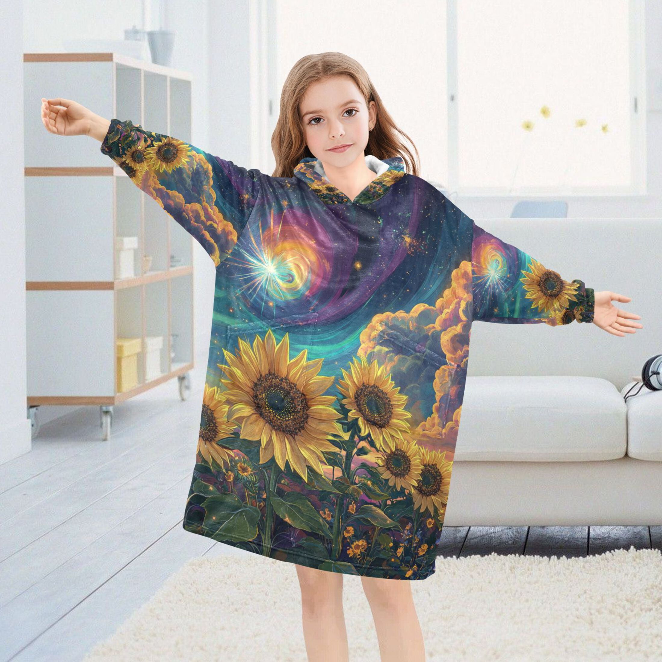 YAZAOO Kids Wearable Blanket Hoodie Warm and Cozy Galactic Sunflower Symphony Flannel Sweatshirt