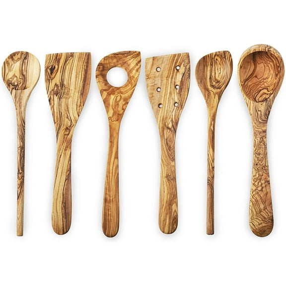 Olive Wood Utensils Set for Kitchen - 6pcs Non-stick & Non Scratch Wooden Spoons & Spatulas