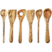 Wood Kitchen Utensils Set, Olive Wood Utensils, Wooden Utensils for Cooking, Handcrafted Cooking Spoons and Spatulas, Farmhouse Kitchen Decor (6-Piece set)