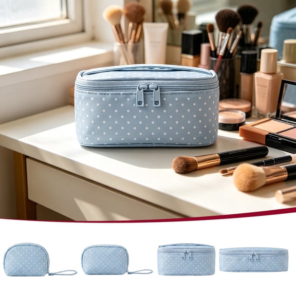 WYBXZ Medium Blue Polka Dot Pouch Travel Makeup Bag for Summer Vacation, Graduation Trip, Waterproof Cosmetic Organizer