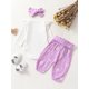 thumbnail image 3 of Conjunto de otoño para bebé niña: pelele de manga larga con pantalón con cinturón y estampado floral, y diadema., 3 of 7