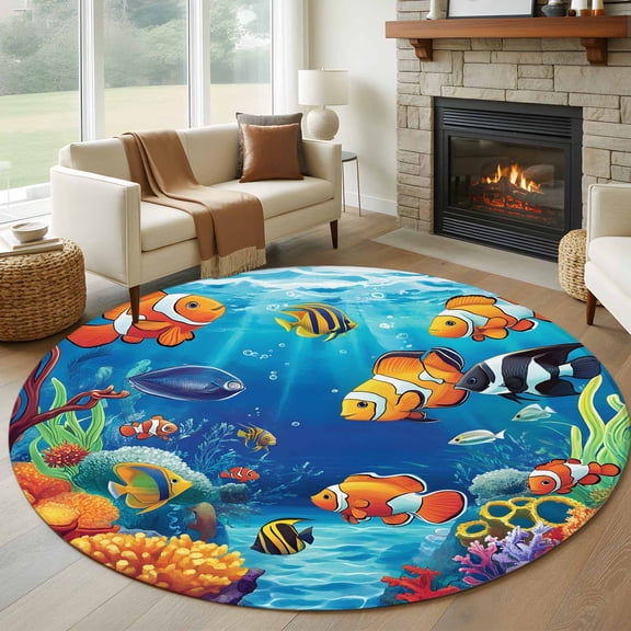 Summer Ocean 8FT Round Area Rugs for Living Room 111 Clownfish Coral Seagrass Underwater World Ultra-Thin Non-Slip Round Rugs Machine Washable Low Pile Circle Carpet for Bedroom Kitchen Nursery
