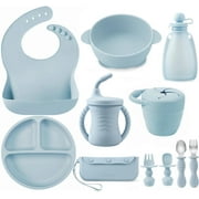 PandaEar Silicone Baby Feeding Set,11PCS Baby Led Weaning Supplies Self Feeding Utensils,Divided Suction Plate Bowl Bibs Sippy Cup with Baby Food Pouch Snack Container Spoons Forks, Blue