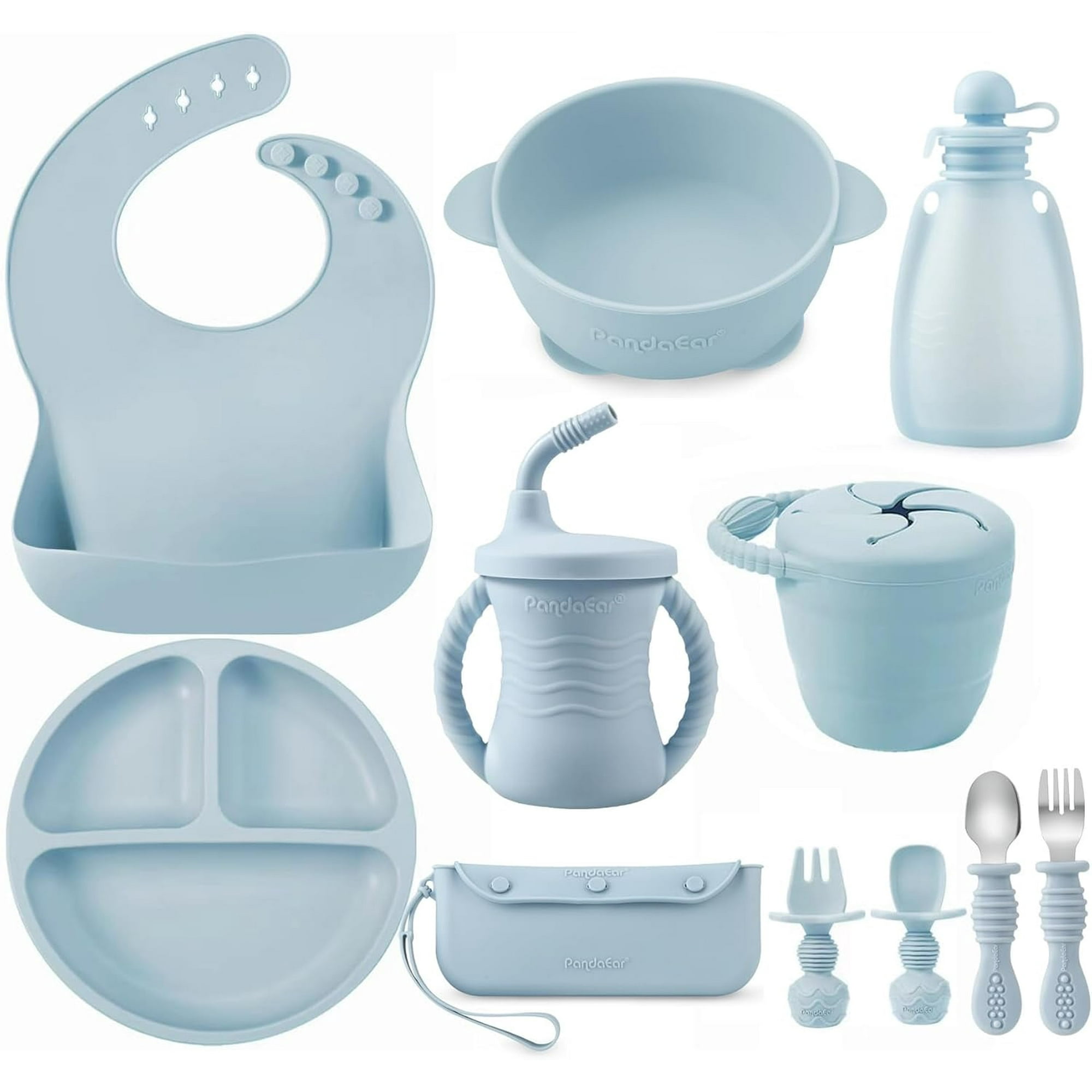 PandaEar Silicone Baby Feeding Set,11PCS Baby Led Weaning Supplies Self Feeding Utensils,Divided Suction Plate Bowl Bibs Sippy Cup with Baby Food Pouch Snack Container Spoons Forks, Blue