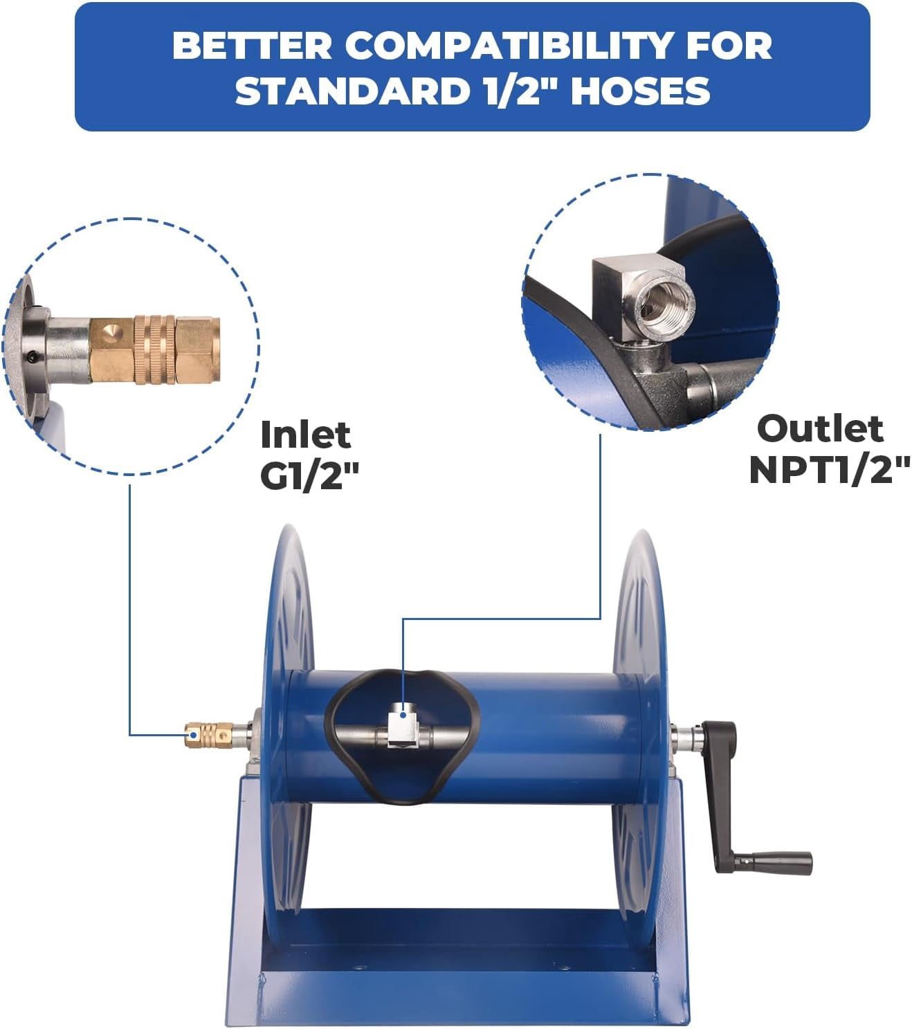 Dawot Air Hose Reel 1/2in. x 225ft. Air Compressor Hose Reel 360° Swivel Fitting Max 4000PSI Commercial Hand Crank Manual Pressure Washer Hose Reel (Hose Not Included)