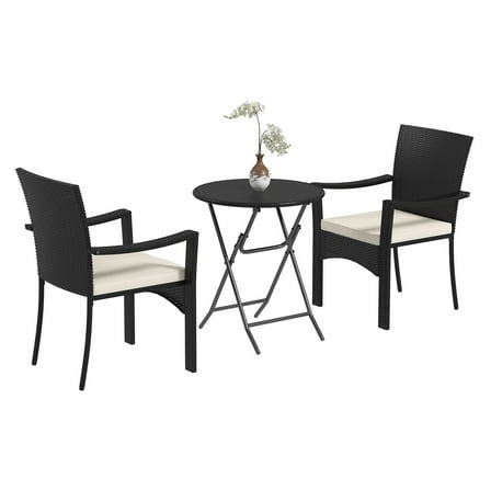 Wicker Bistro Set Outdoor Patio Furniture, 3 Piece PE Rattan Conversation Set with Cushions, Folding Table, for Porch, Backyard, Garden - White