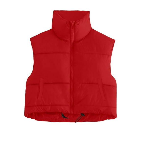 Arnsht Cropped Puffer Vest Women Lightweight Full Zip Up Solid Color Stand Collar Jacket Sleeveless Coat Winter Padded Vest Red M