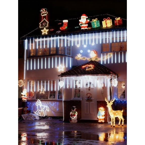 YUYAN-Cool White 20 Tubes Meteor Shower Icicle Lights 480 LED Raindrop Lights with Timer Function Cascading Falling Rain Light for Holiday Party Christmas Decorations