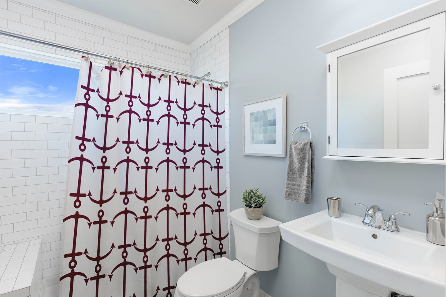 Simply Daisy 70" W x 73" L Anchor Pattern Polyester Shower Curtain, Maroon Red [1 Ct]