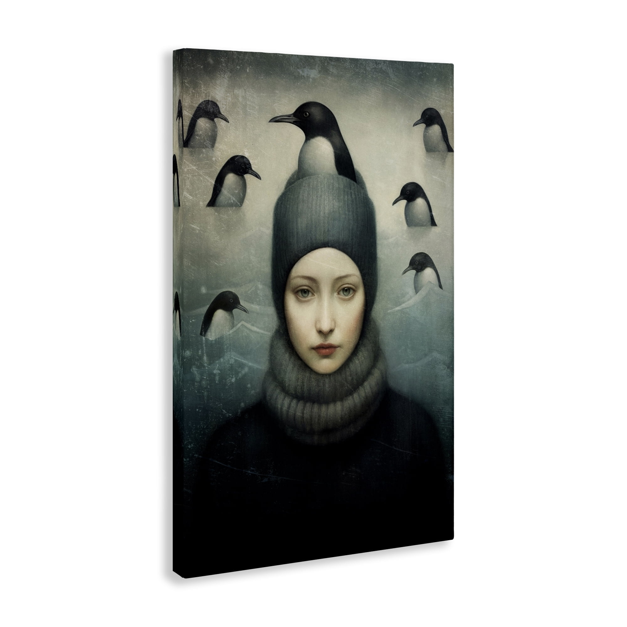 Stupell Industries Peeking Penguins & Woman People Painting Wrapped Canvas Art Print Wall Art, 20 x 30