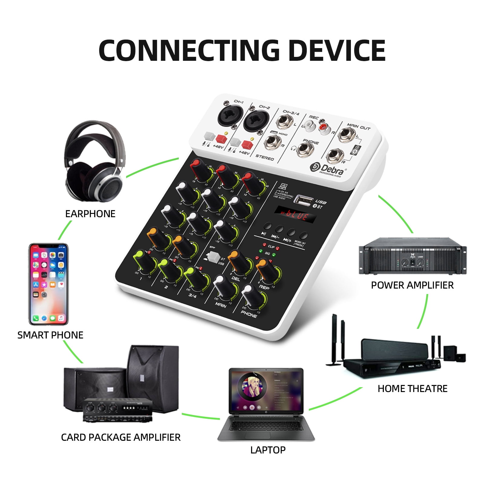 Audio Mixer D Debra Audio  V4 4-channel Audio Mixer with Per Mics, MP3/USB Bluetooth, 48V Phantom Power for Live, Wedding, Party, Recording Broadcast