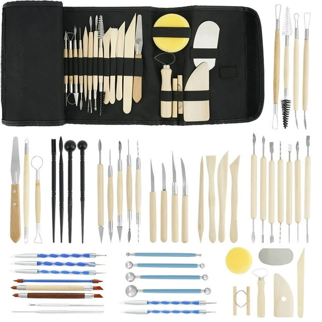 52Pcs Pottery Clay Sculpting Tool Double Sided Pottery Clay Modelling Tool Professional Portable Ceramic Clay Carving Tool with Storage Bag for Beginners Experts