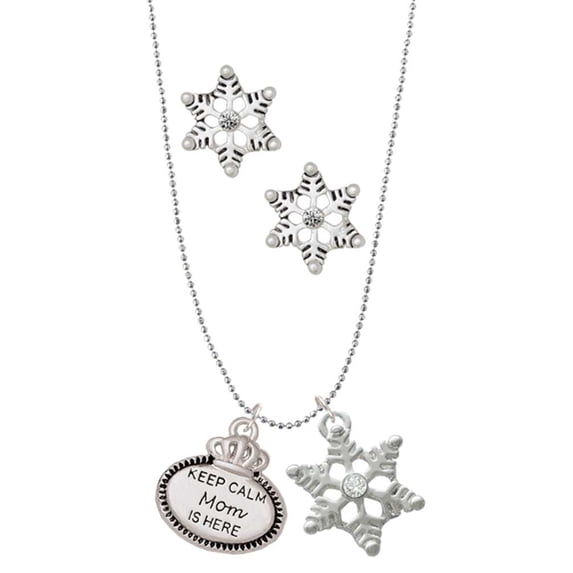 Delight Jewelry Keep Calm Mom is Here Silver tone Snowflake Charm Necklace and Stud Earrings