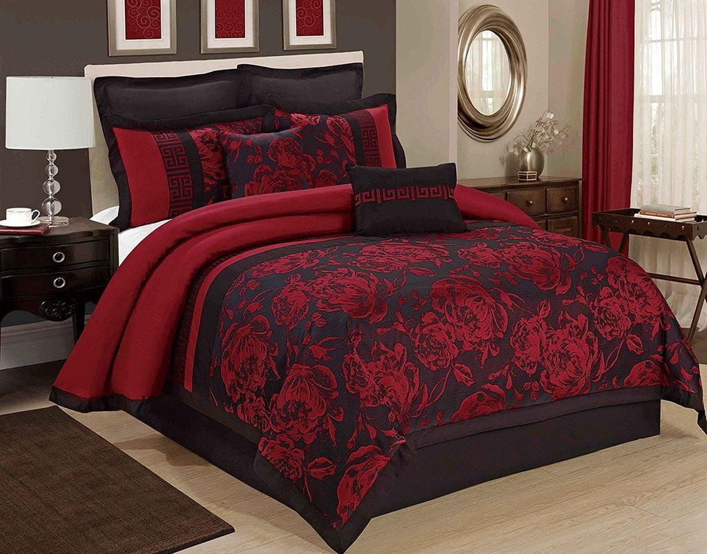 Queen King Cal.King Size 8 Piece WISTERIA Branches Jacquard Comforter Set Burgundy King