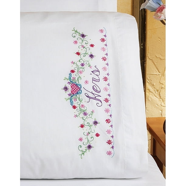 Janlynn Stamped Cross Stitch Pillowcase Pair 20"X30"Bridal Set His & Hers