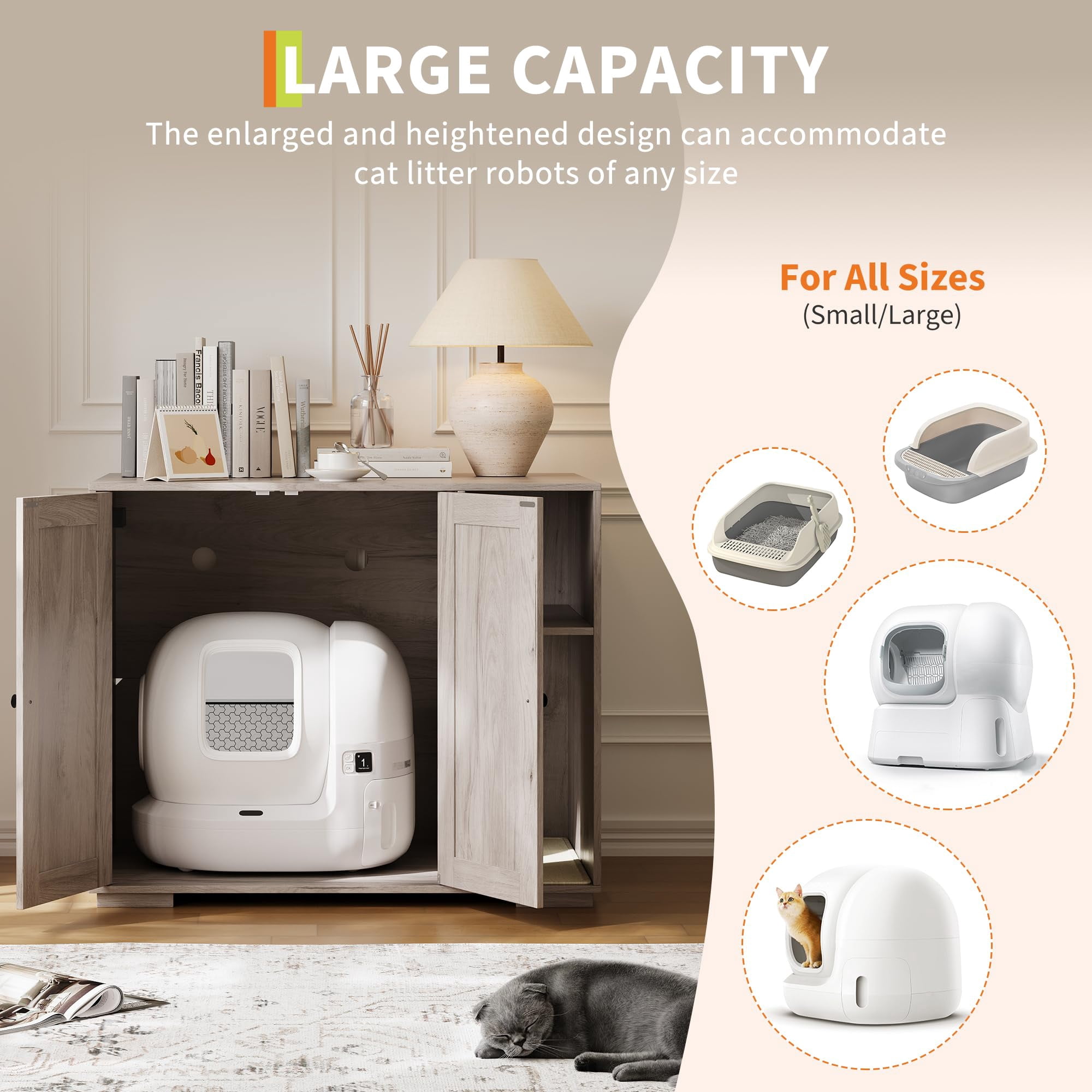 Kicctian Hidden Cat Litter Box Enclosure with Litter Collector, Large Indoor Cat House Cabinet, Self-Cleaning Compatible Cat Furniture, Grey