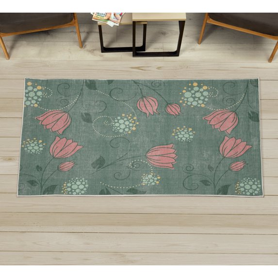Floral Decorative Rug, Dutch Tulip Ottoman Flowers with Leaves Natural Ornaments of the World with Dots, Quality Carpet for Bedroom Dorm and Living Room, 6 Sizes, Laurel Green, by Ambesonne