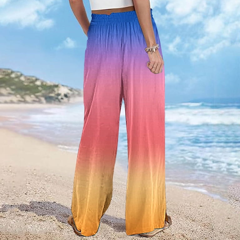 USNSM Wide Leg Pants for Women Rainbow Colored Drawstring Stretchy