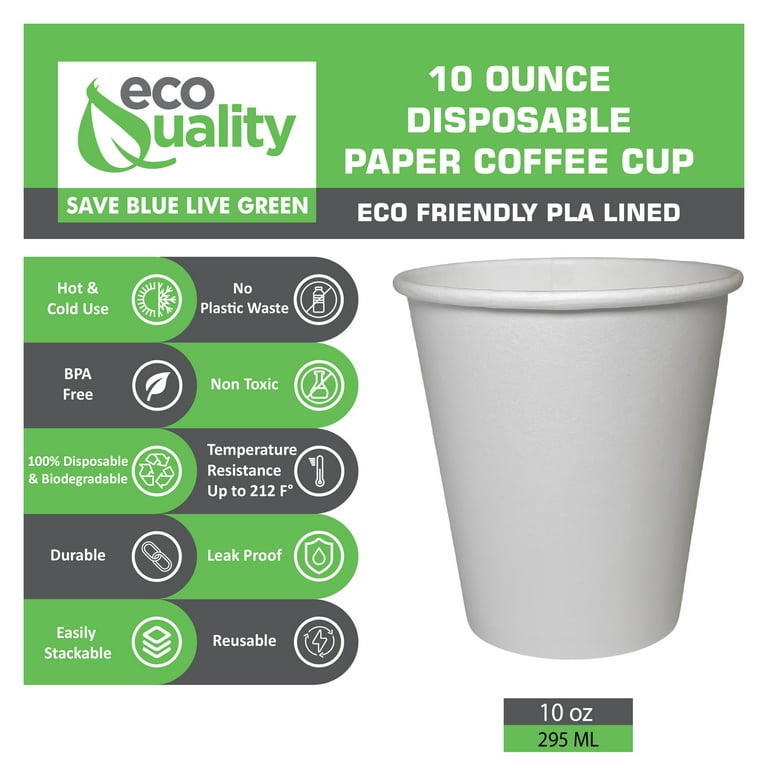 [1000 Pack] 10oz White Paper Coffee Cups - Disposable Coffee Cups - Hot Drink, Tea, Coffee, Cappuccino, Hot Chocolate, Chai, Chai Latte by EcoQuality