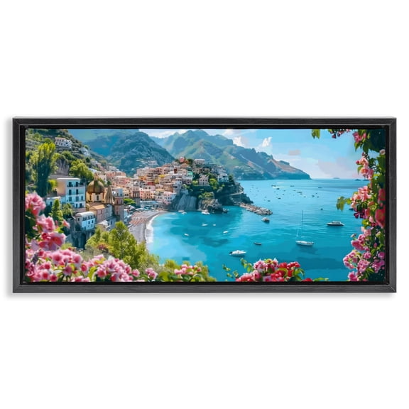 Stupell Industries Coastal Mediterranean Seascape View Black Floating Frame Canvas Art, 25 x 11, by LSR Design Studio