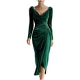thumbnail image 4 of ClodeEU Women's Velvet Draped Neckline Long Sleeve Dress, Elegant Bodycon Ruched Party Dress Green,Womens Plus M, 4 of 7