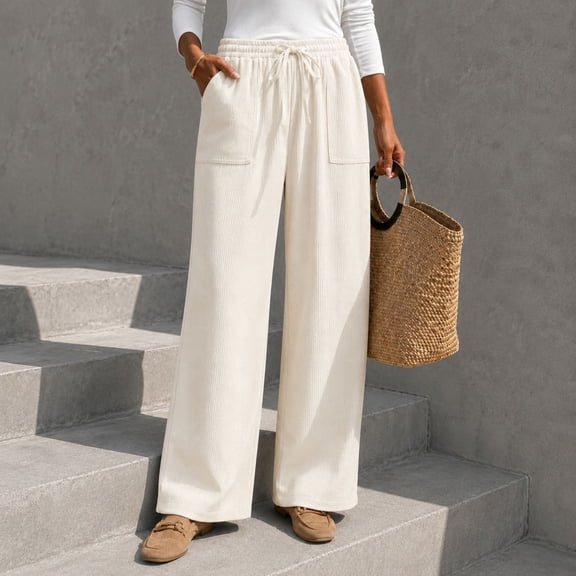 Stralyhd Women's Wide Leg Pants Corduroy High Elastic Waisted Drawstring Business Offices Casual Trousers Fashion Clothing with Pockets White M