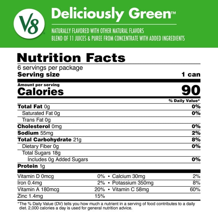 (2 pack) V8 Deliciously Green 100% Fruit and Vegetable Juice, 8 fl oz Can, 6 Count