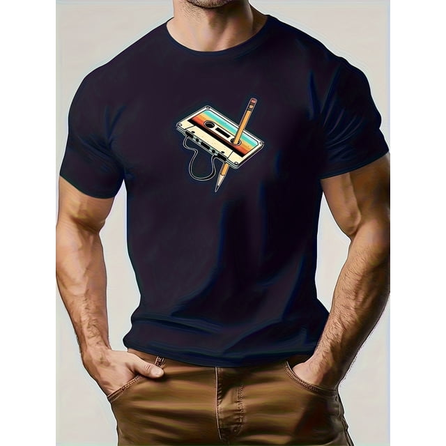 T Shirt Men's Cassette Tape & Tape Recorder Print Short Sleeve Vintage Tech Design Round Neck