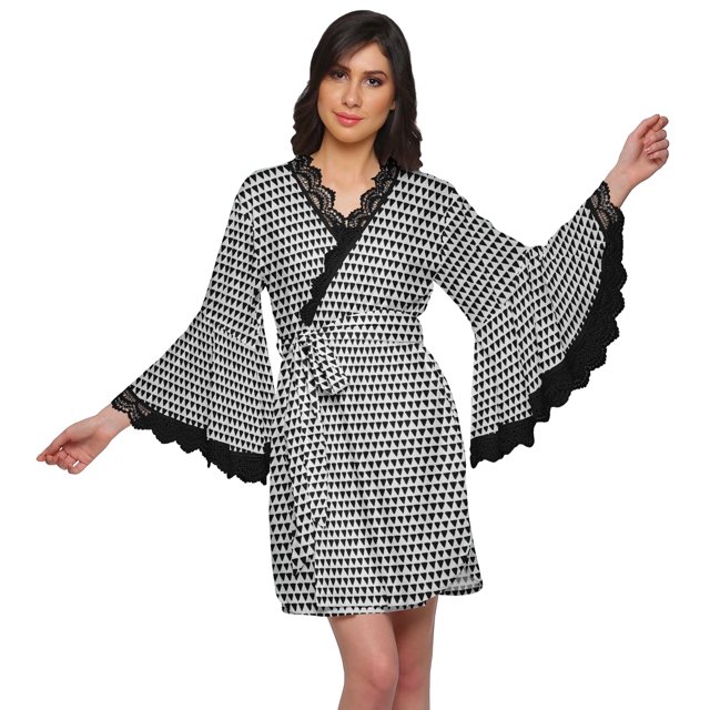 Moomaya Robe Courte Imprimée pour Mariée Préparation Manches Cloche Peignoir Femmes Enveloppe