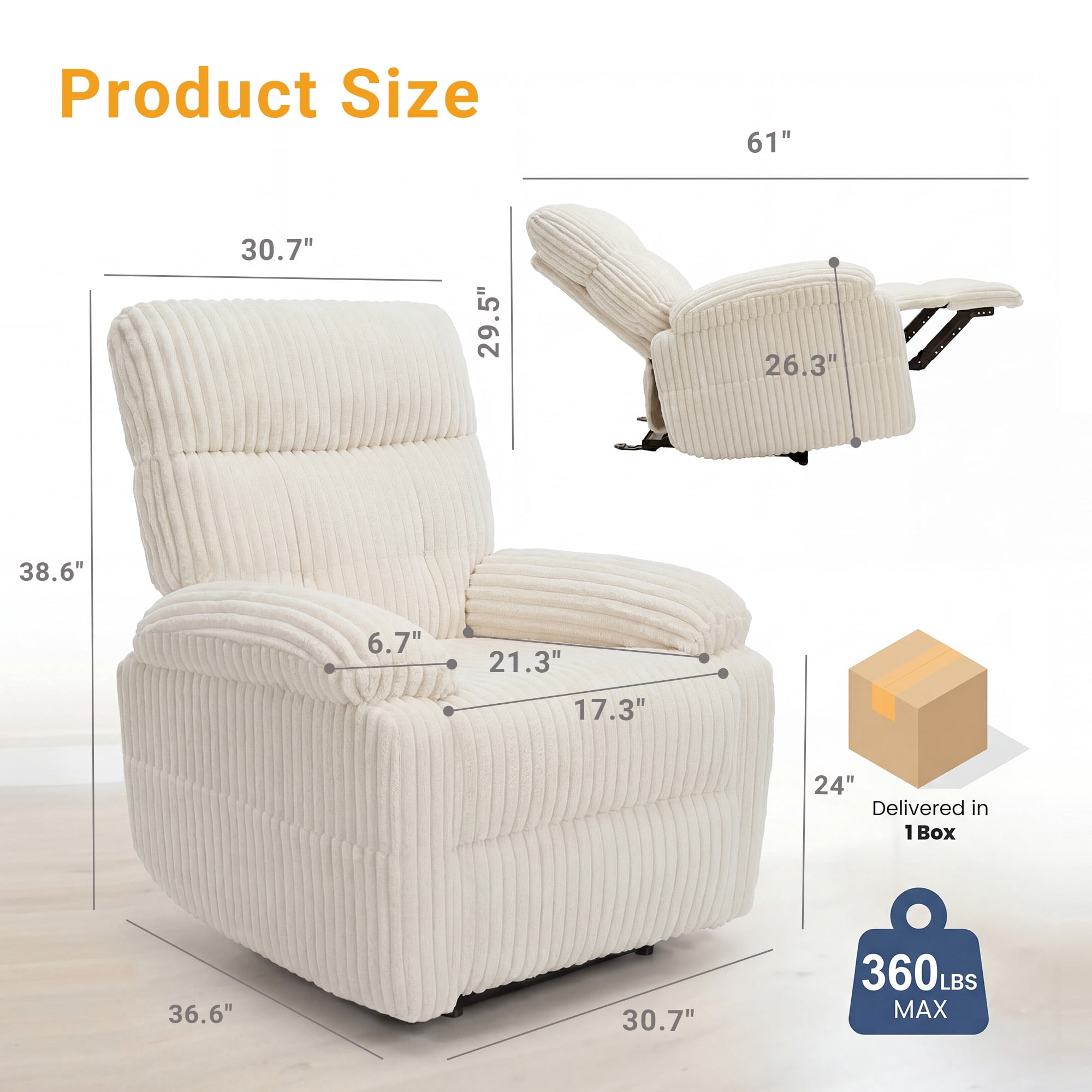 INNOVAR Recliner Sofa for Adults, Zero Gravity Power Reclining Chair, Oversized Electric Recliners Elderly Chair W/Storage Pockets for Home Living Room,Corduroy,White