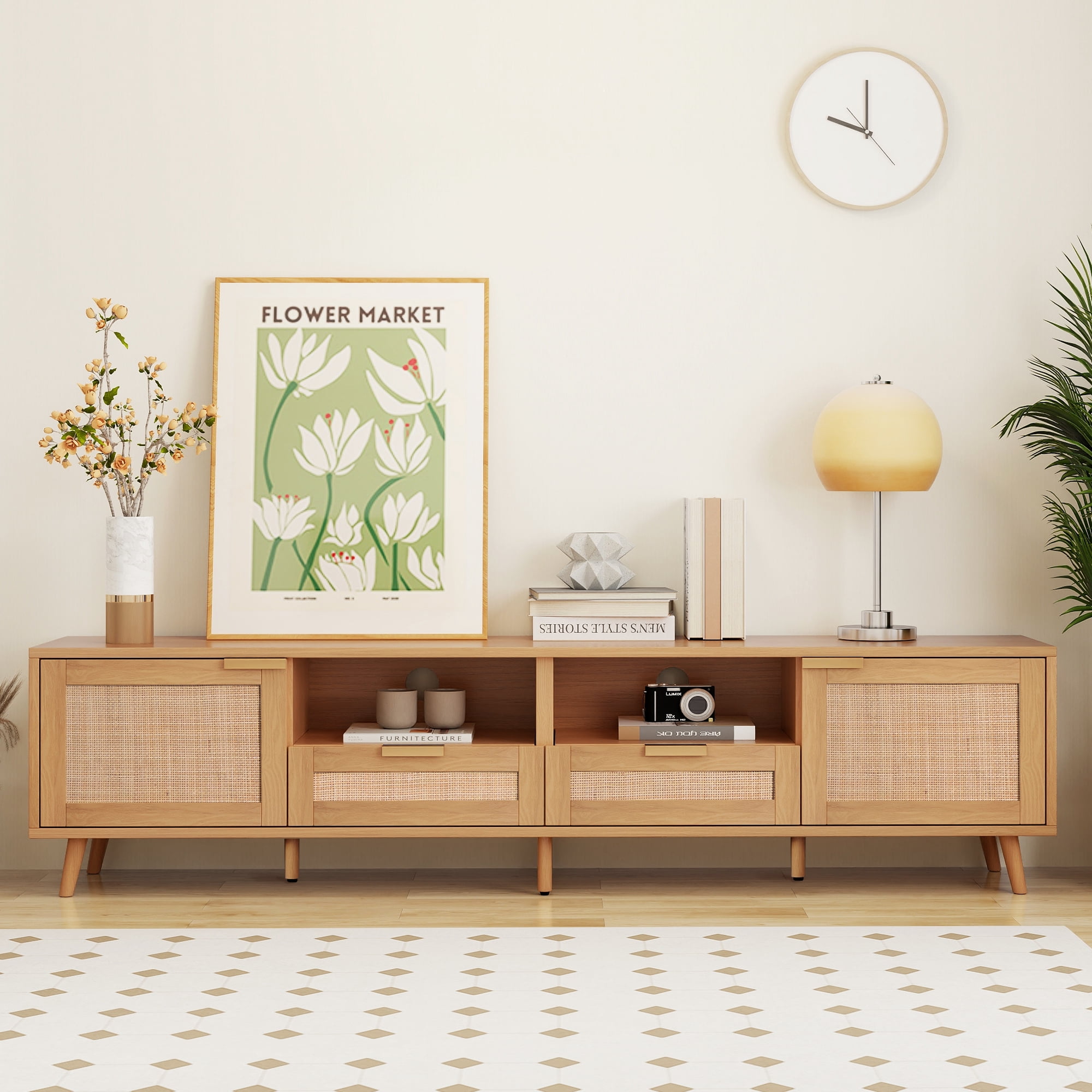 TV Stand for TVs up to 85 Inch, Rattan Media Console with Storage Cabinets & Open Shelves, Entertainment Center with Solid Wood Legs for Living Room