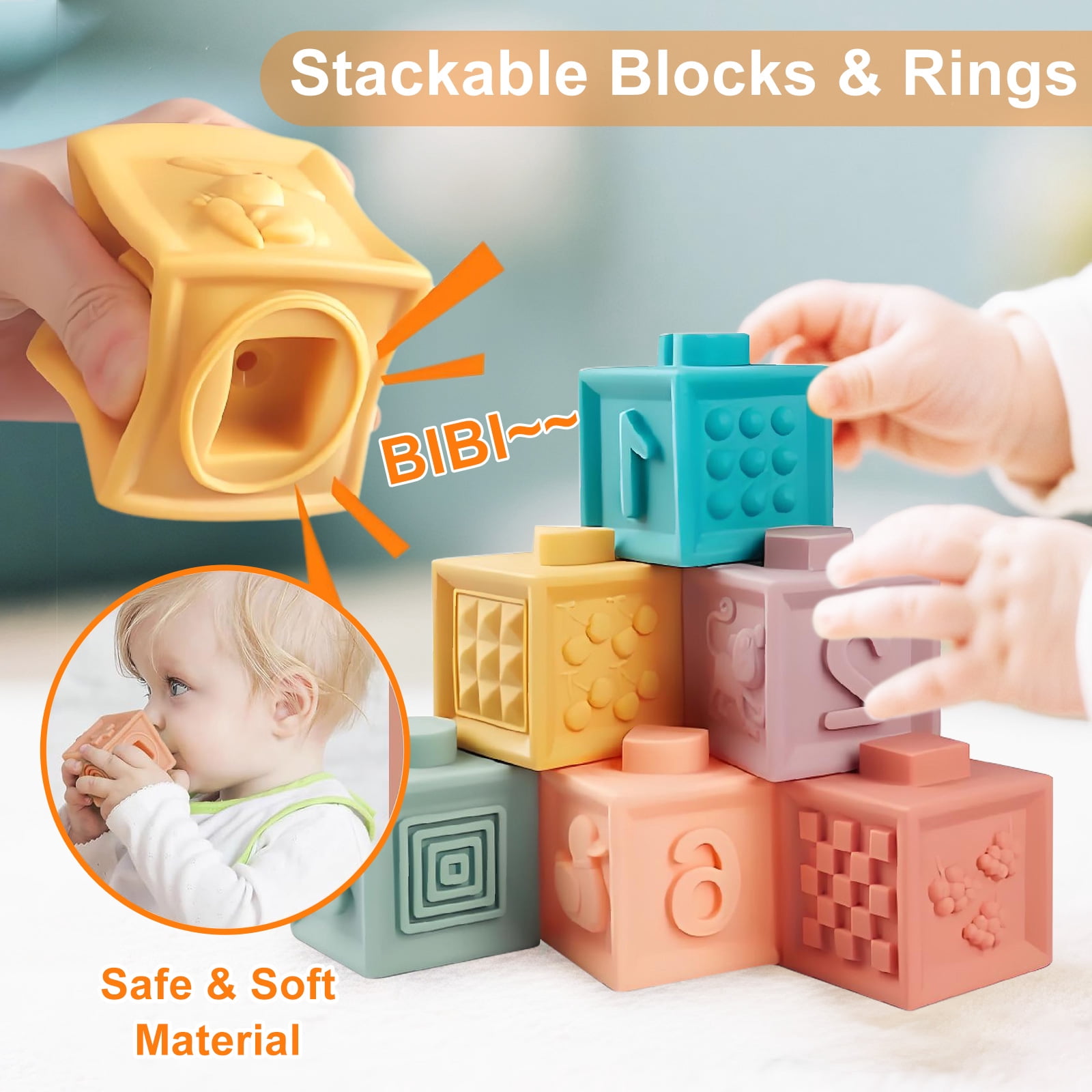 Rirool 6-in-1 Montessori Baby Toys - Sensory Bin & Teething Toys with Stacking Blocks, Eggs, Spinner, Crab Pull Toy (27 Pieces) for Infants 6-36 Months