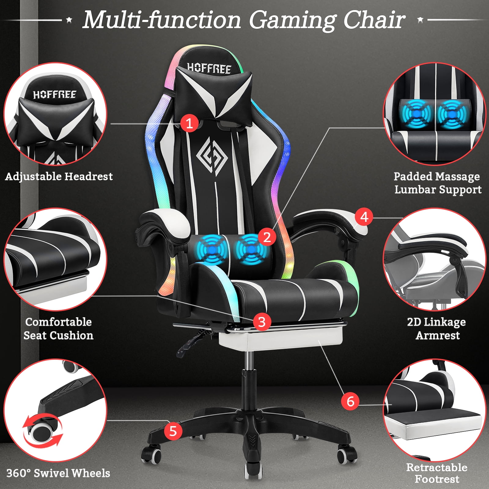 Hoffree Gaming Chair with Bluetooth Speakers and Footrest Massage Office Chair with LED Lights Ergonomic Game Chair High Back with Lumbar Support and Headrest Adjustable Swivel for Adults 300lb