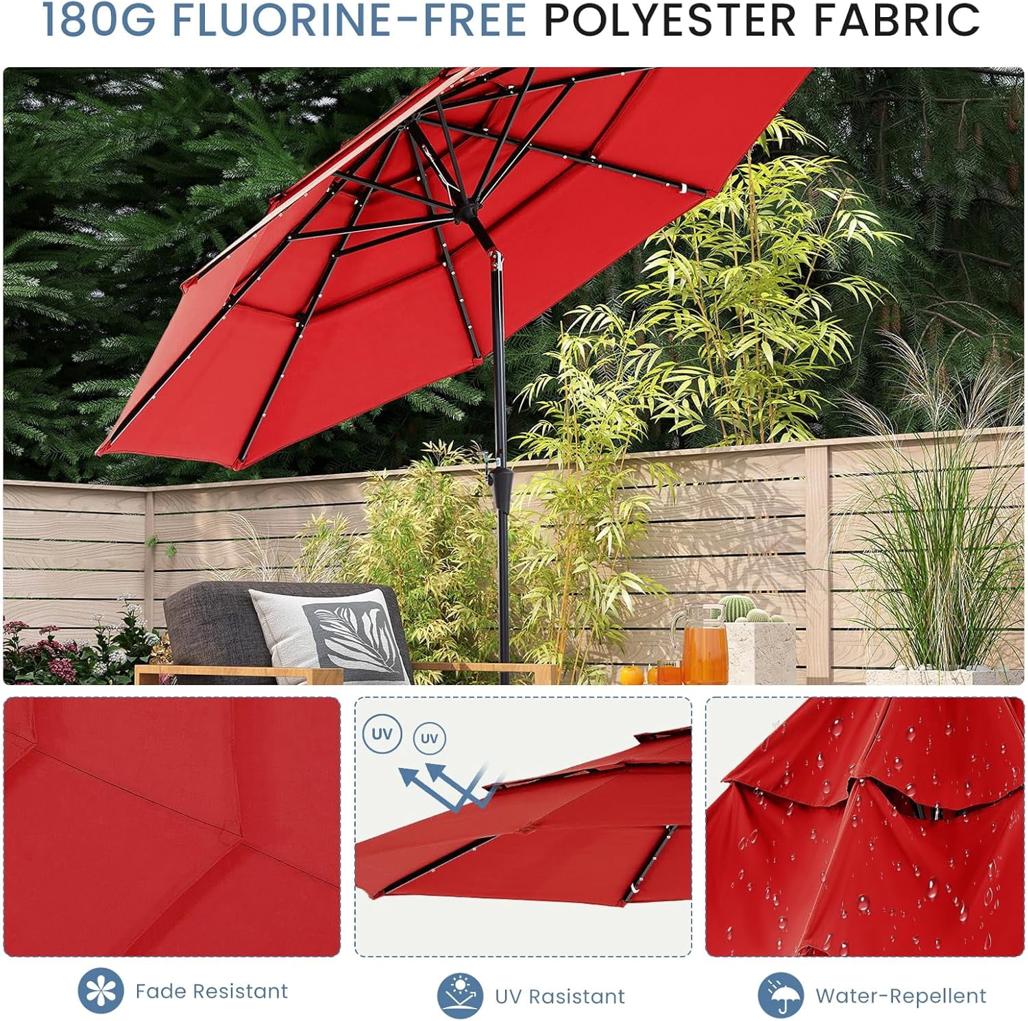 JIOABL 10FT Solar Patio Umbrella with 32 LED Lights, Tilt and Vent, 8 Ribs for Garden, Deck, Patio, Red