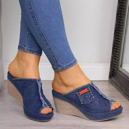 

Denim Platform Wedges Women Espadrille Wedges Sandals with Knotty Bow Detail New