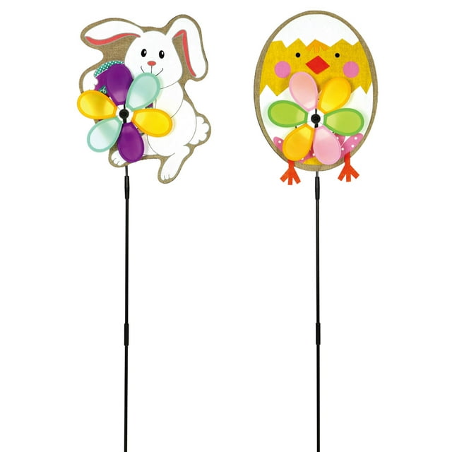Evergreen Easter Bunny & Chick Burlap Garden Stake Spinner, Set of 2 ...