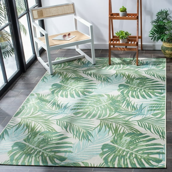 SAFAVIEH Barbados Tropical Palm Leaves Outdoor Area Rug, 5'3" x 7'6", Green/Teal