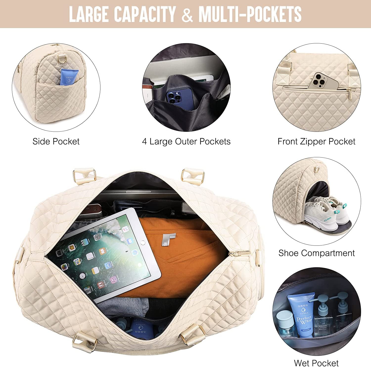 Lovevook Weekender Bag for Women, Large Travel Duffle Bag with Toiletry Bag, Gym Beach Bag Mummy Hospital Overnight Bag with Separate Wet Pocket-Beige & Quilted